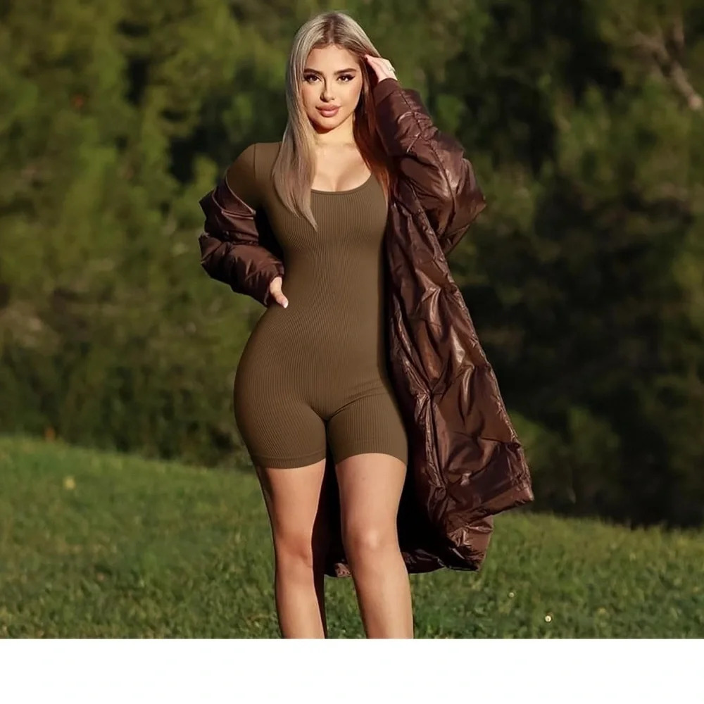0QQ Women Yoga Rompers Ribbed Workout Long Sleeve Round Sz S - Picture 3 of 9